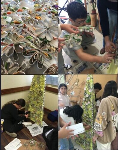 Foto 3 – Com os elementos decorativos prontos, iniciou-se o trabalho de colagem na estrutura de cartão.