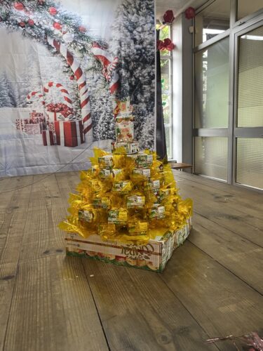 Árvore Natal no polivalente da escola onde se encontra o palco das atividades de Natal da escola.