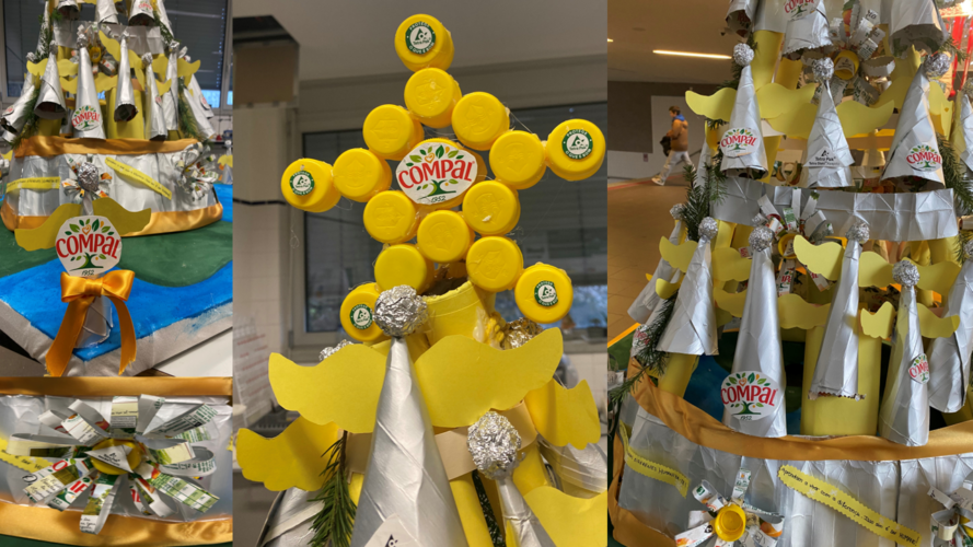Detalhes da utilização de embalagens Compal e símbolos da Tetra Pak e Compal na árvore de Natal e dos diferentes elementos.