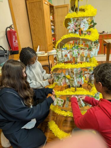 Colocação das decorações<br/>Vários alunos colocaram os pacotes de sumo da compal, que foram atados (com fitas e cordéis reutilizados) à estrutura de cartão e fitas, decorando a árvore.