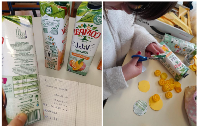 Manipulação das embalagens e preparação dos materiais para a decoração da árvore.