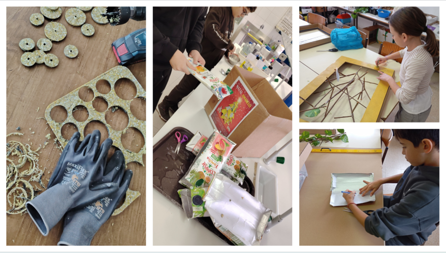 Etapas iniciais: 1- recolha e limpeza de embalagens; 2 - reciclagem de tampas compal; 3 - modelagem das folhas; 4 - construção da moldura e árvore