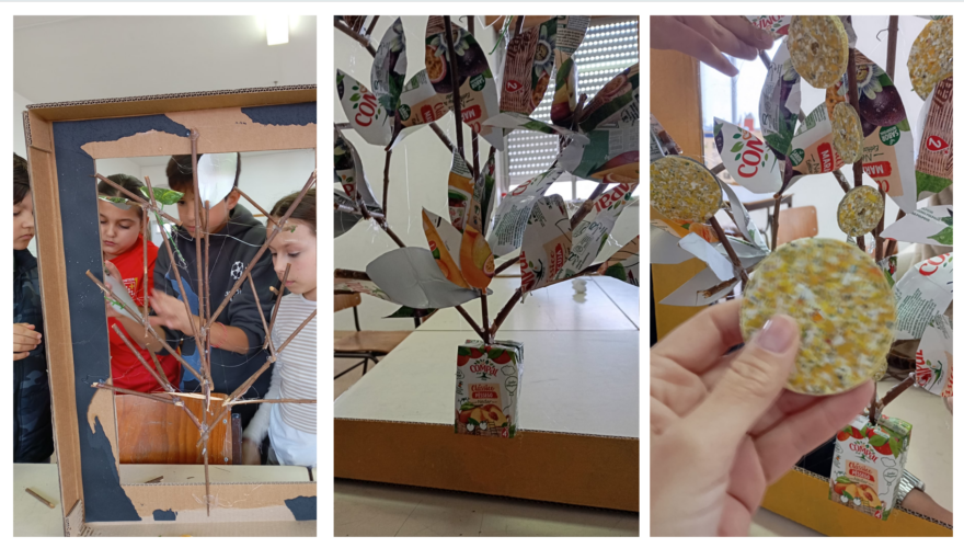 Etapas intermédias: 5 - construção da moldura e árvore; 6 - colocação das folhas; 7 - aplicação dos componentes recicláveis