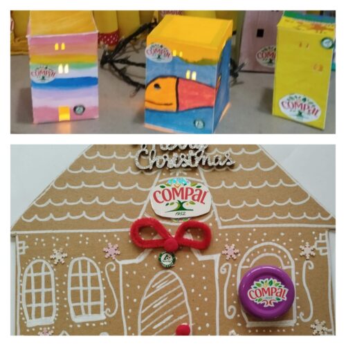 Foto exemplo de enfeite e luminárias realizados pelos alunos com símbolo Compal e Tetrapack