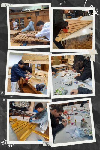 A árvore nasce... os alunos do Curso Profissional de Redes escolheram a palete e colocaram mãos á obra. Cortaram e deram a forma de árvore. Pintaram de amarelo e eletrificaram com luzes Led para dar "vida" á árvore.