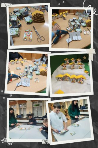 Os alunos Eco-Escolas (6ºA e 6ºB) dedicaram-se ás embalagens... depois de recolhidas, lavadas e secas tomaram as diferentes formas. Ou espalmadas ou inteiras, juntas a colas, papeis diversos, purpurinas...deram asas á imaginação.