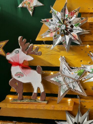 Todos os elementos decorativos surgiram do uso das embalagens de sumo Compal e Tera PaK tendo sempre bem visíveis os respetivos símbolos... casas, estrelas, pai natal, veado...