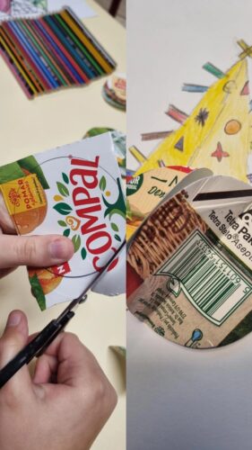 Execução das bolas decorativas da árvore de natal - reutilização de embalagens de sumo Compal e representação dos símbolos Compal e Tetra Pak.