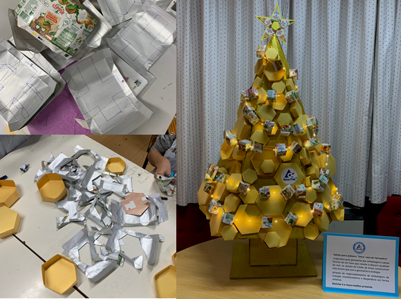 Com as embalagens de compal abertas e lavadas, desenhou-se a planificação dos cubos e favos para serem recortados e montados. Na parte frontal da árvore, destinou-se um espaço estratégico para colar uma impressão e dar destaque ao logótipo da Tetra Pak.