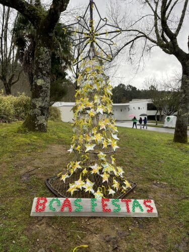 Já completa com a estrela principal, com as embalagens da Compal e com a mensagem de Boas Festas do agrupamento, a árvore ficou em exposição para a comunidade escolar.