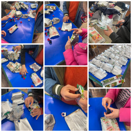 Abrir as Tetra Pak "de cima a baixo", num corte vertical. Em algumas, retiraram-se as tampas e, tornar a planificação da embalagem mais flexível, fizeram-se corte laterais. Este campo só permite o upload de uma foto, de forma que foi feita uma compilação.