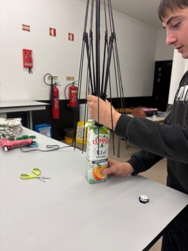 Embalagem que serviu de suporte da árvore, com o respetivo símbolo da marca compal