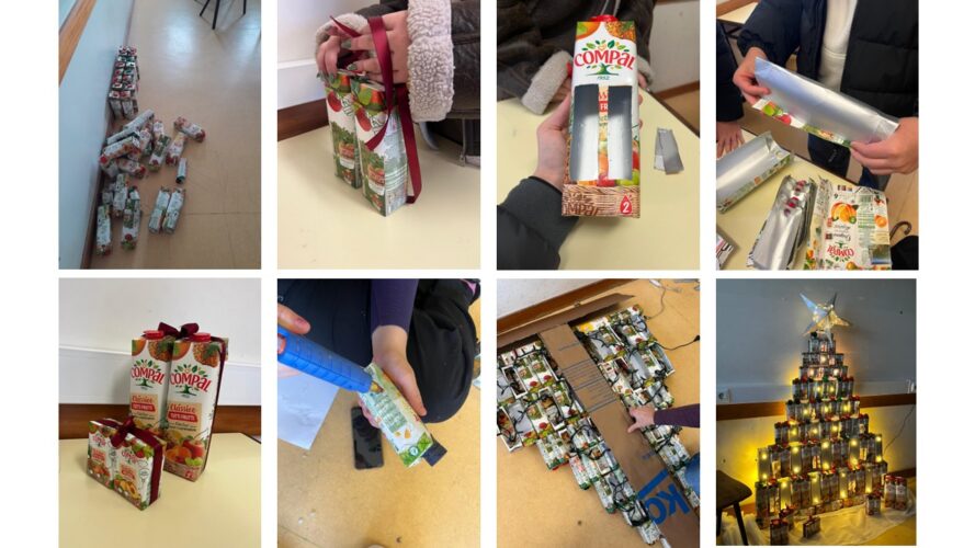 Trabalho colaborativo dos alunos na preparação, adaptação e montagem das embalagens, realizado por fases durante as aulas de Matemática e Inglês; Decoração das caixas de recolha das embalagens Tetra Pak da marca Compal, com a participação ativa de um alun