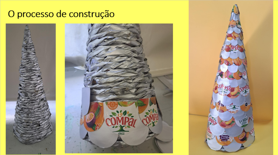 Para a base da árvore usamos uma estrutura utilizada num Natal anterior e recoberta com meios círculos feitos com as embalagens Compal.