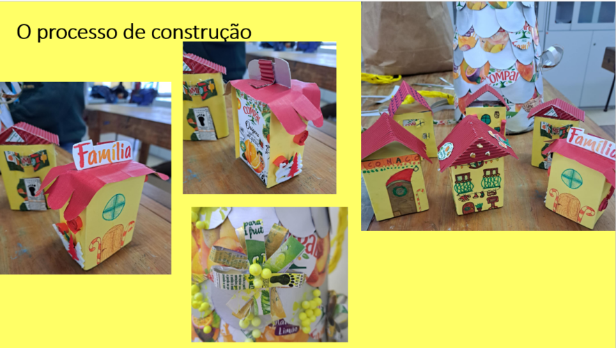 Usando embalagens mais pequenas dos sumos Compal, criamos uma pequena aldeia. Com as tiras das embalagens maiores fizemos estrelas.