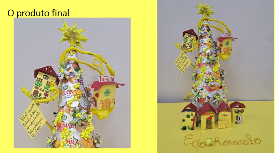 A nossa árvore feita com as embalagens Compal e com os apelos à colocação das embalagens no ecoponto correto.