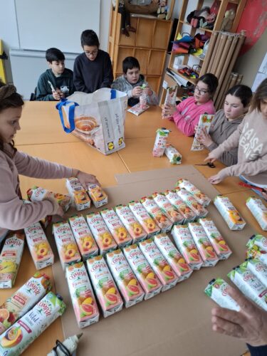 As famílias dos alunos colaboraram na recolha das embalagens da Compal e os alunos separam as embalagem de acordo com o tamanho e tipologia.