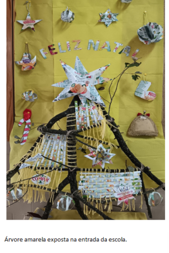 Árvore exposta na entrada da escola.