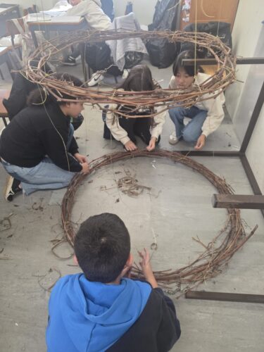 Alunos do 5.º ano a montar as bases circulares com ramos de poda de videira, construindo de forma colaborativa a estrutura sustentável que dará forma à Árvore “Renascer Amarelo".