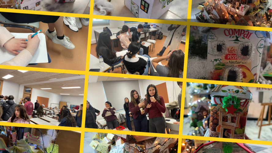 Foto 1 — Planeamento do projeto<br/>Planeamento colaborativo da Aldeia de Natal Amarela, envolvendo alunos do 11.º e 12.º anos de Geografia, alunos da Educação Especial e alunos do Curso Profissional de Turismo.