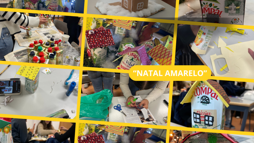 Foto 2 — Construção das casinhas de Natal<br/>Construção das casinhas a partir de embalagens reutilizadas, promovendo a criatividade, a reutilização e a redução de resíduos.