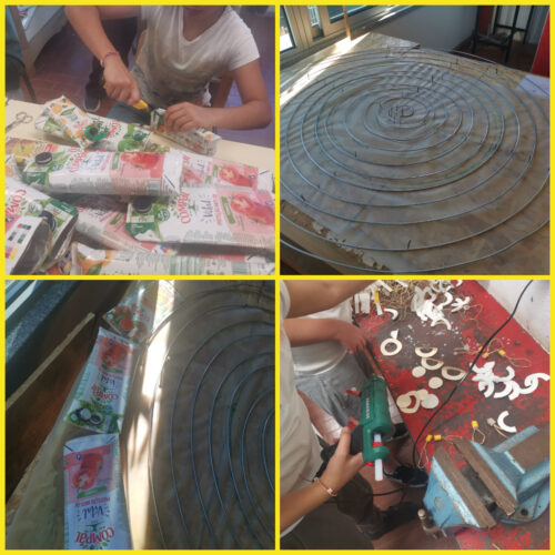 Preparação das embalagens de Tetra Pak Compal e recorte de elementos para elaboração de enfeites, com reutilização de materiais.