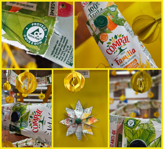 Símbolos Tetra Pak e Compal destacados na Árvore de Natal.